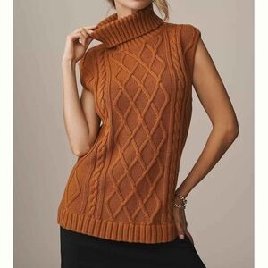 Anthropologie Rust Cable Knit Sleeveless Turtleneck